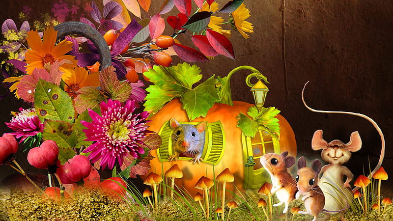 Autumn Mice, rodent, fall, toadstools, autumn, grass, mice, floral, nuts, leaves, pumpkin, mouse, flowers, mushrooms, HD wallpaper