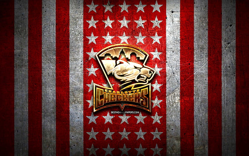 Charlotte Checkers flag, AHL, red white metal background, american hockey team, Charlotte Checkers logo, USA, hockey, golden logo, Charlotte Checkers, HD wallpaper