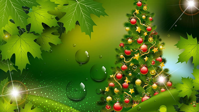 New year in green, pretty, colorful, glow, background, toast, bonito, leaves, nice, green, cheers, bubbles, toys, light, stars, lovely, christmas, decoration, new year, happy new year, mood, tree, balls, HD wallpaper