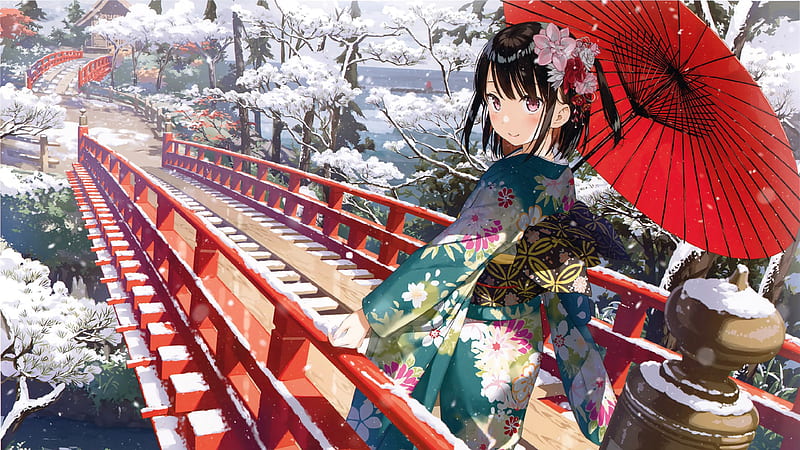 Anime Girl With Red Umbrella On Bridge Anime Girl, HD wallpaper