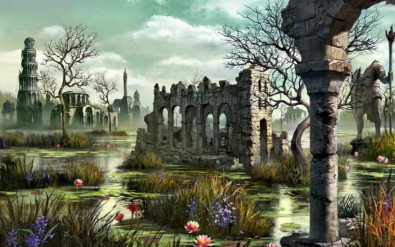 Russian Ruins 2, art, relics, ruins, illustration, swamp, artwork, painting, wide screen, computer graphics, landscape, HD wallpaper