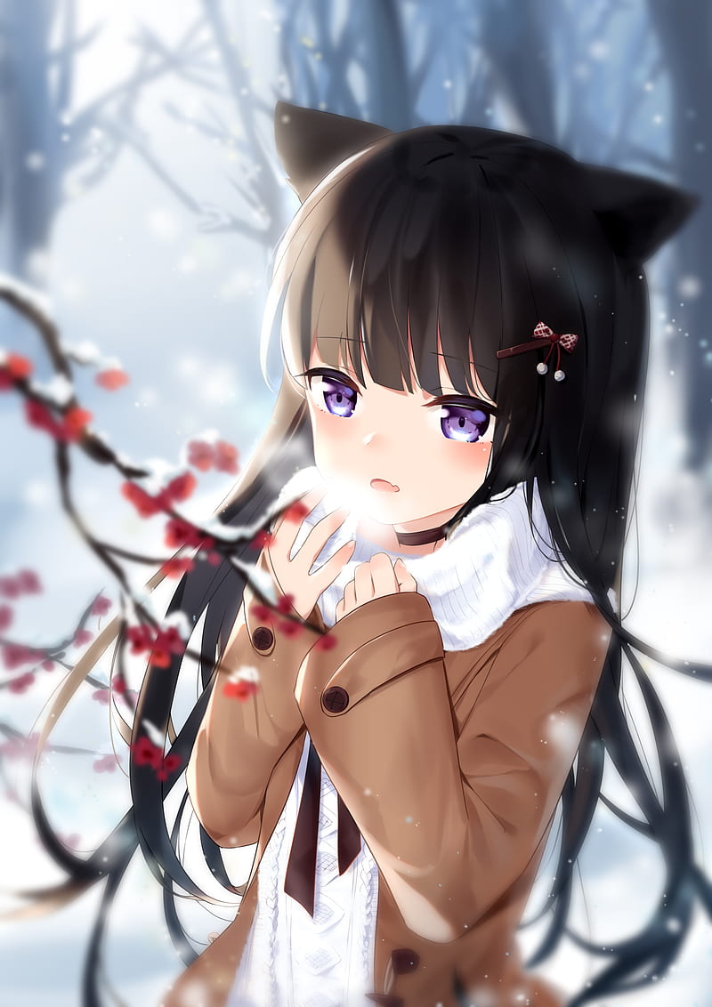 winter, animal ears, cold, anime girl, brown hair, Anime, HD phone wallpaper