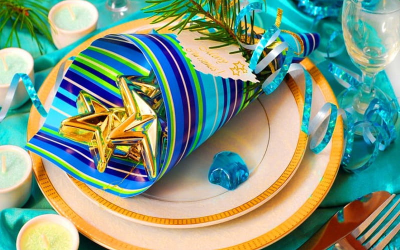 Blue deco, candle, stars, dinner, table, christmas, decoration, yellow, tree, green, plate, ornament, blue, HD wallpaper
