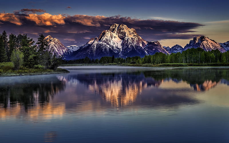Mount Moran, Teton Range, Jackson Lake, evening, sunset, mountain landscape, forest, Grand Teton National Park, Wyoming, USA, HD wallpaper