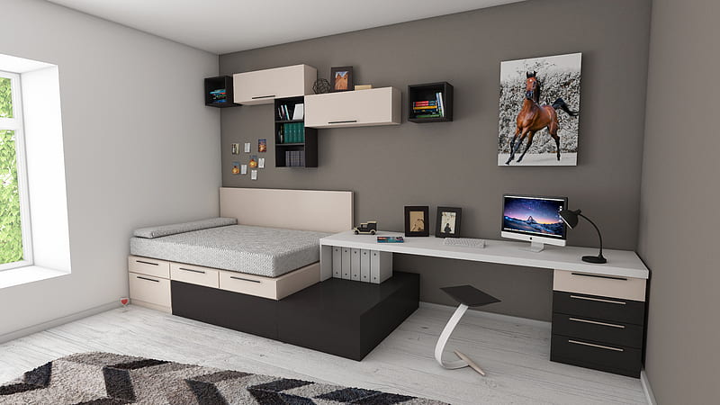 White and Black Desk Beside Bed and Window, HD wallpaper