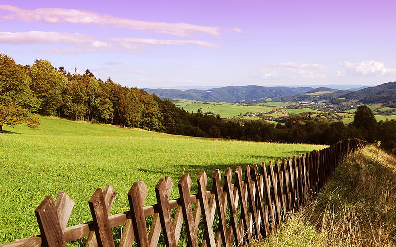 Beautiful Valley, hills, fence, forest, colors, bonito, clouds, rolling, village, nature, fields, HD wallpaper