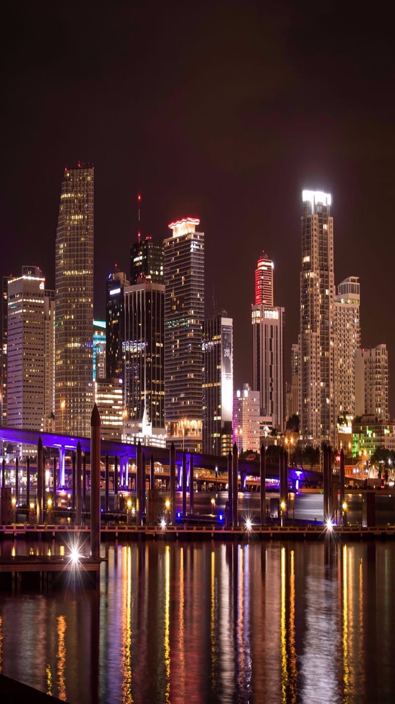 Miami City, buildings, city life, dock, downtown, lights, HD phone wallpaper