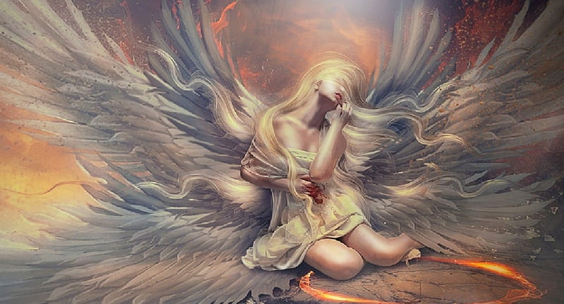 Wounded Angel, pretty, art, female, wounded, angel, bonito, woman, fantasy, girl, serene, digital, HD wallpaper