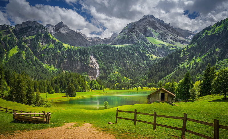 Swiss lake, lake, grassland, fence, hills, hut, house, cottage, view, greenery, Switzerland, bonito, mountain, swiss, HD wallpaper