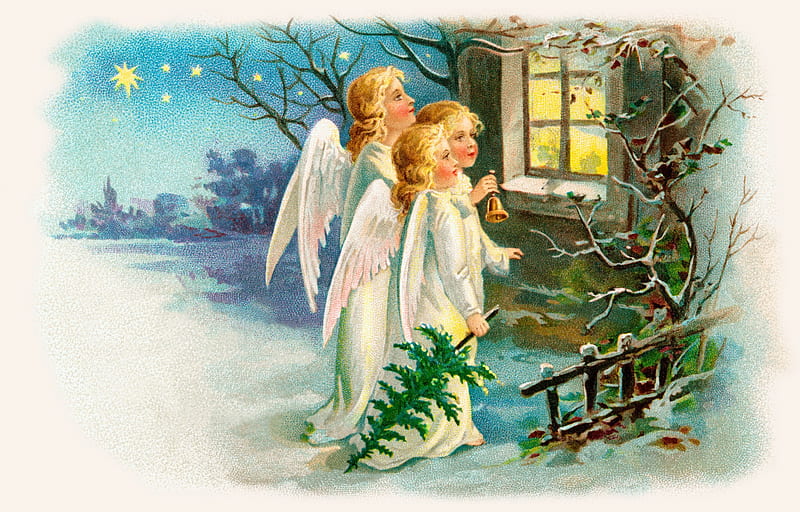 Christmas angels, christmas, snow, angel, winter, star, HD wallpaper