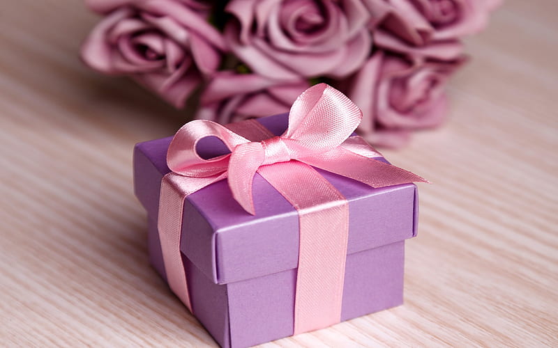 purple gift box, New Year, Christmas, pink silk ribbon, bow, HD wallpaper