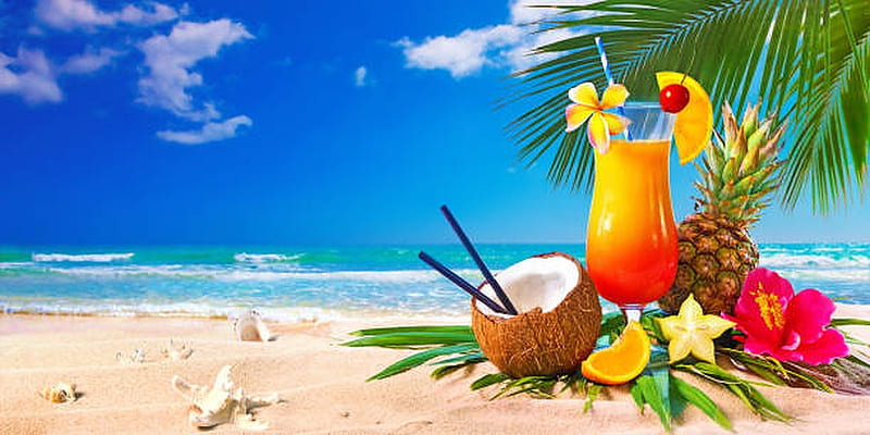 Cocktail drink on the beach, Pineapple, Glass, Sandy, Coconut, HD wallpaper