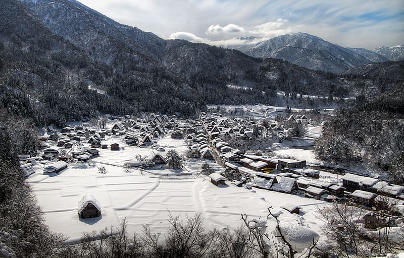 Winter, Mountain, Village, Japan, Shirakawa, , Gifu Prefecture, HD wallpaper
