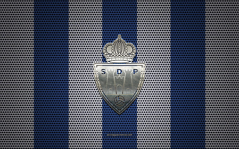 SD Ponferradina logo, Spanish football club, metal emblem, blue and white metal mesh background, SD Ponferradina, Segunda, Ponferrada, Spain, football, HD wallpaper