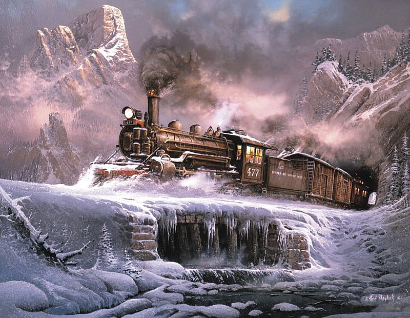 Whistle Stops, ice, steam, river, winter, railroad, artwork, brisge, snow, train, mountains, painting, HD wallpaper
