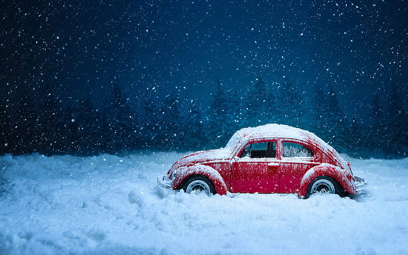 car in snow, winter, snowdrifts, night, stuck car, Red Volkswagen Beetle, HD wallpaper