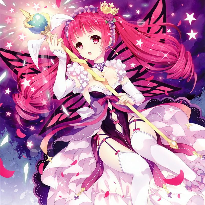 Fairy Princess, staff, pretty, adorable, wing, sweet, nice, anime, royalty, beauty, anime girl, weapon, long hair, fairy, wings, lovely, gown, sexy, cute, crown, red eyes, dress, rredhead, bonito, hot, tiara, pink, female, wand, rod, red hair, kawaii, girl, flower, petals, princess, HD wallpaper