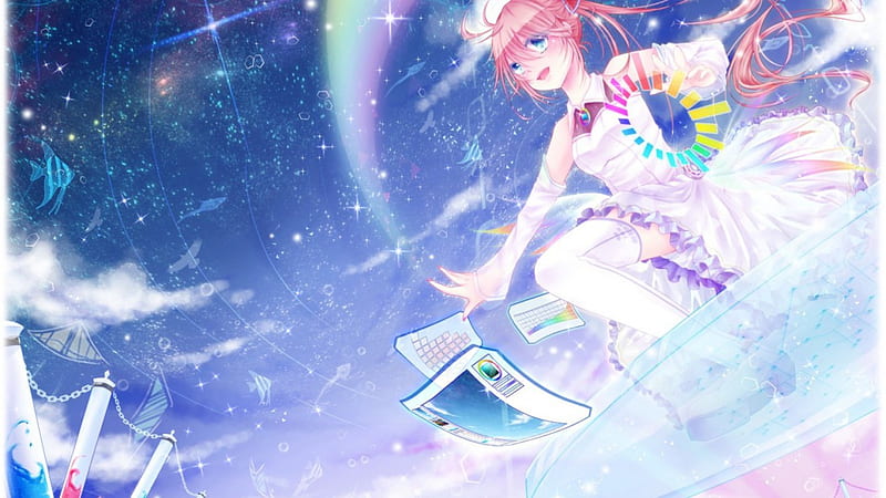 It's Time!!!, stars, art, dress, rainbow, sky, cool, awesome, hop, blue eyes, pink hair, drawings, HD wallpaper