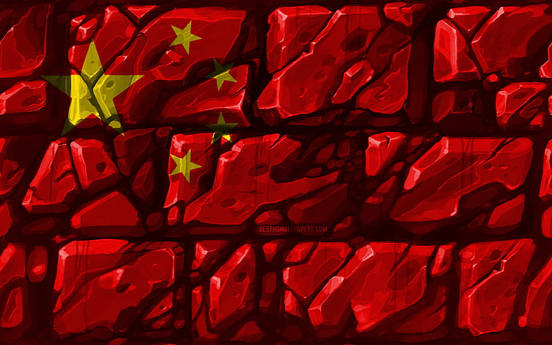 Chinese flag, brickwall Asian countries, national symbols, Flag of China, creative, China, Asia, China 3D flag, HD wallpaper