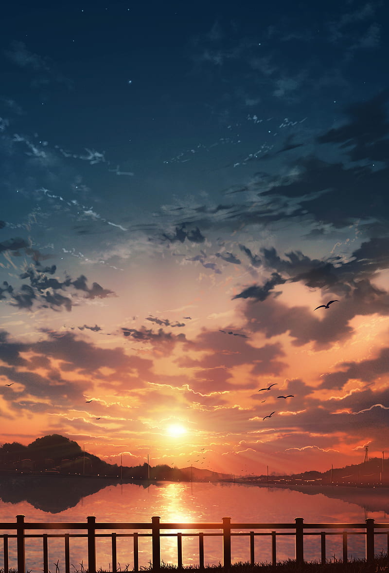 anime landscape, sunset, clouds, water, reflection, scenery, stars, Anime, HD phone wallpaper