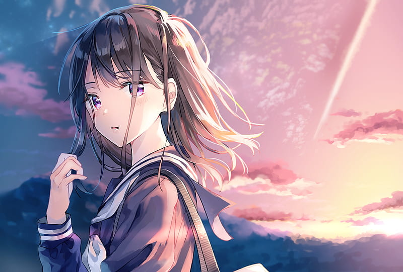 Anime scenery, sunset, anime school girl, clouds, artwork, Anime, HD  wallpaper