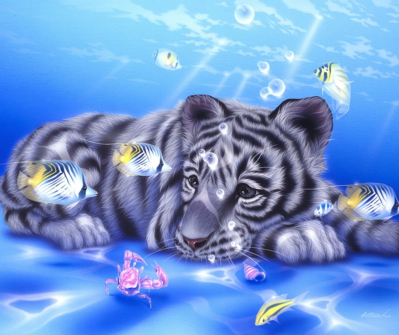 Underwater, cub, tiger, blue, art, fish, kentaro nishino, luminos, peste, vara, water, fantasy, summer, HD wallpaper