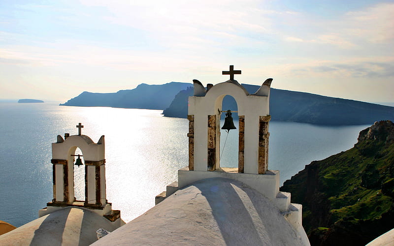 Santorini, white church, morning, sunrise, bell, Aegean sea, white buildings, Greek church building, Greece, HD wallpaper