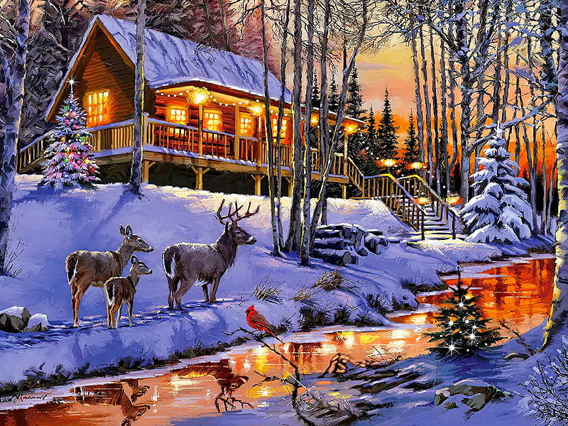 Cabin lights, night, lights, art, christmas, cabin, new year, bonito, creek, winter, snow, painting, deers, evening, HD wallpaper