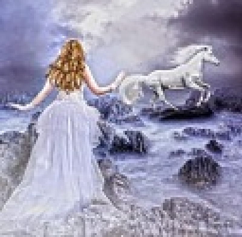 ♡ Stay ... ♡, dress, wild place, bride, blonde, horse, woman, fantasy, wild, love, r, river, white, HD wallpaper