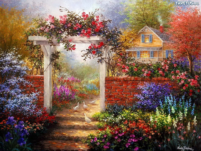 Beautiful Garden Path, colorful, house, birds, trees, arbor, fantasy, flowers, path, garden, HD wallpaper