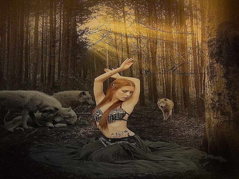 Watching Over My Own, fantasy, wolves, abstract, woman, animals, HD wallpaper