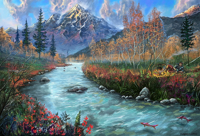 Artistic, Painting, Fish, River, HD wallpaper