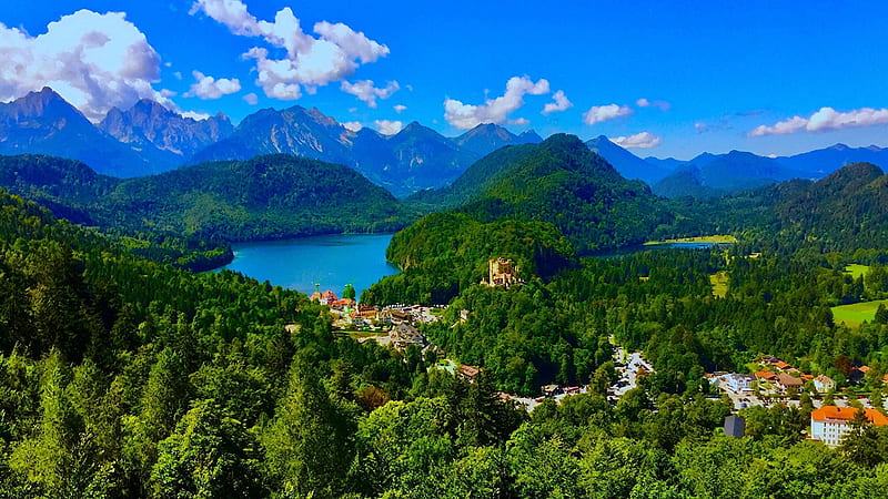 Schwangau, Germany, Bavaria, Mountains, Landscape, Forest, River, HD wallpaper