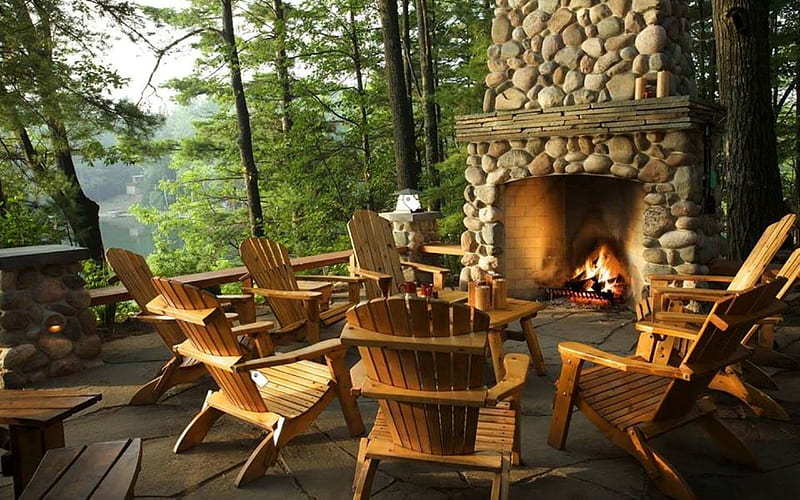 Terrace by Fireplace, chairs, fireplace, trees, terrace, HD wallpaper