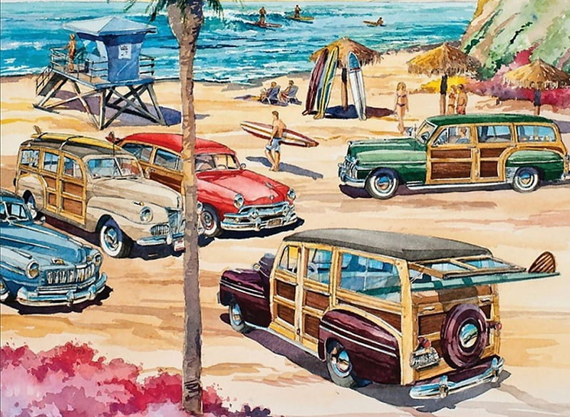 Encinitas Beach F, art, shore, woody, artwork, carros, beach, sand, painting, wide screen, scenery, landscape, HD wallpaper