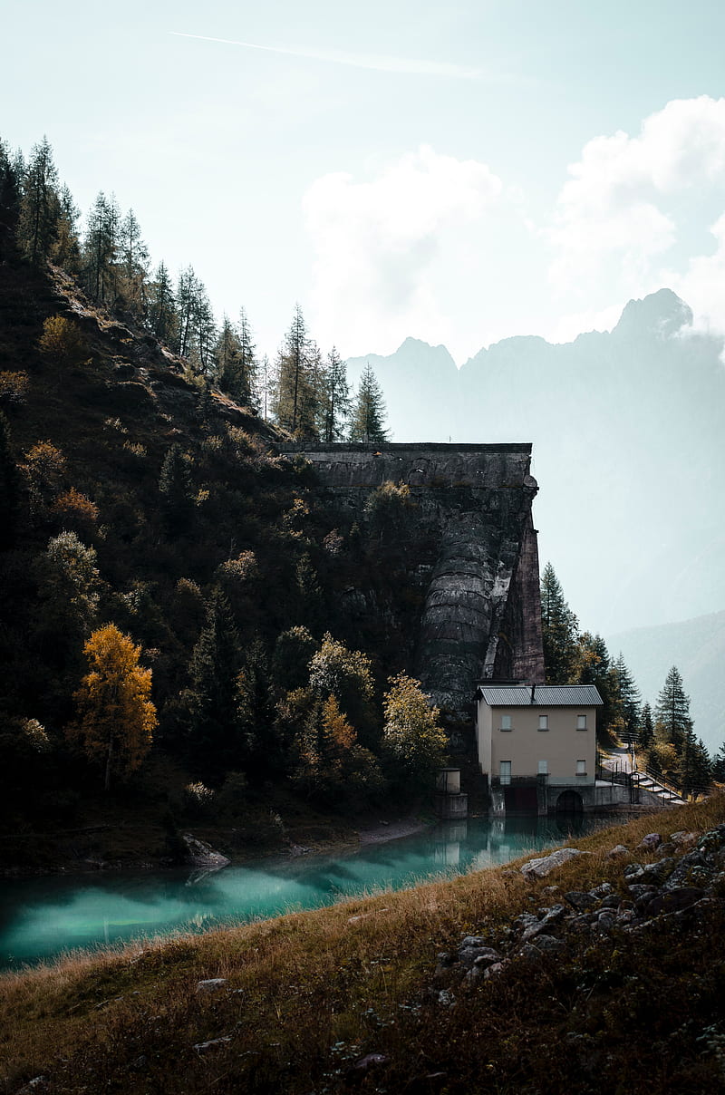 house, rock, river, nature, HD phone wallpaper