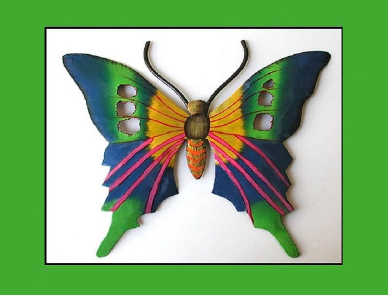 Butterfly_B, art, abstract, blue-green, metal, 3d, butterfly, green, craft, hand painted, ornament, HD wallpaper