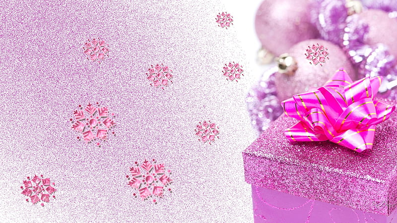 Pink Holiday Joy, Christmas, Feliz Navidad, balls, snowflakes, decorations, package, bows, gift, Firefox theme, HD wallpaper
