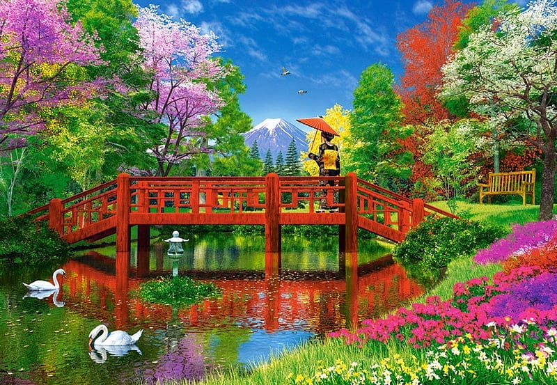 Japanese garden, art, red, lake, geisha, pond, water, green, bridge, asian, garden, painting, parasol, pictura, pink, blue, HD wallpaper