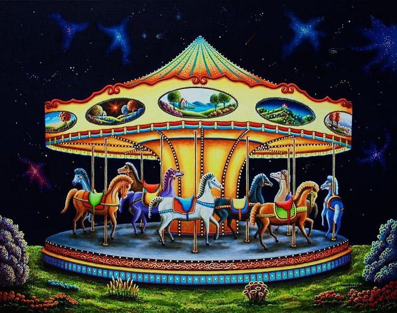 Carousel, painting, roundabout, artwork, horses, HD wallpaper