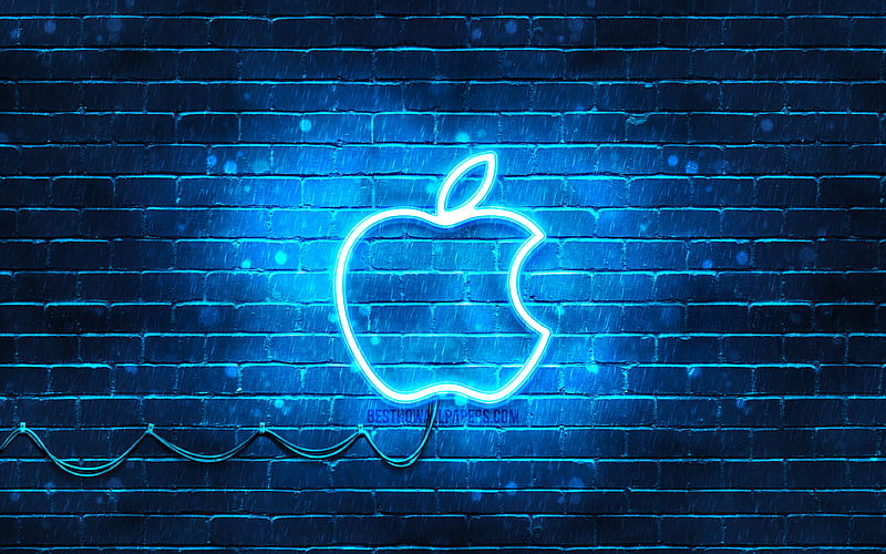 Apple blue logo blue brickwall, blue neon apple, Apple logo, brands, Apple neon logo, Apple, HD wallpaper