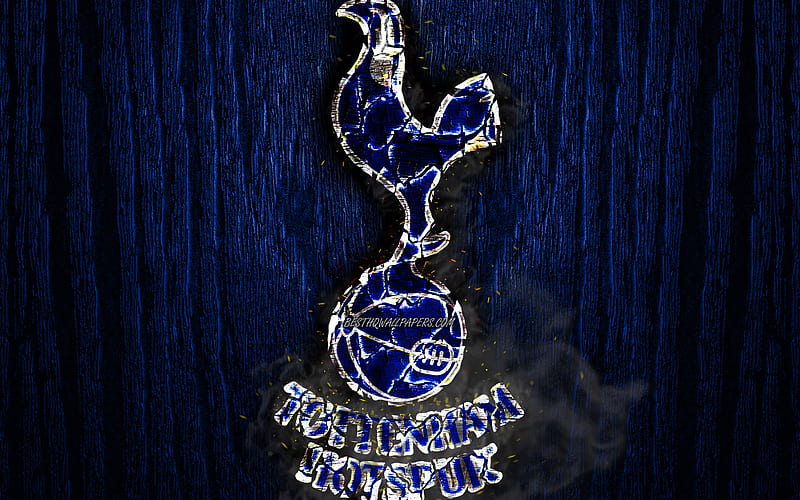 Tottenham Hotspur FC, scorched logo, Premier League, blue wooden background, english football club, grunge, Tottenham, football, soccer, Tottenham Hotspur logo, fire texture, England, HD wallpaper