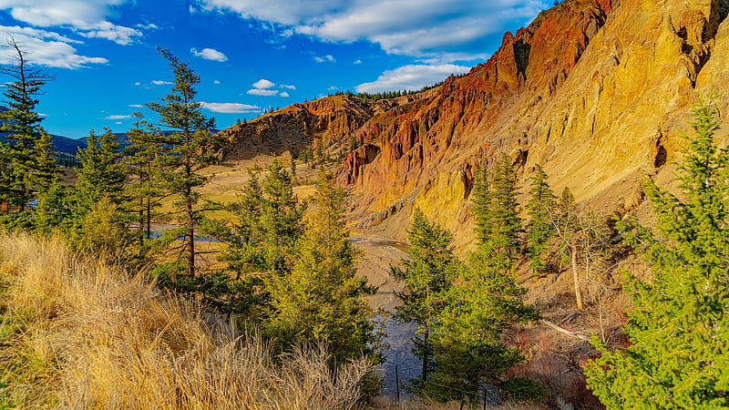 Landscape View Of Red Sand Mountains River Green Trees Dry Grass Under White Clouds Blue Sky Nature, HD wallpaper