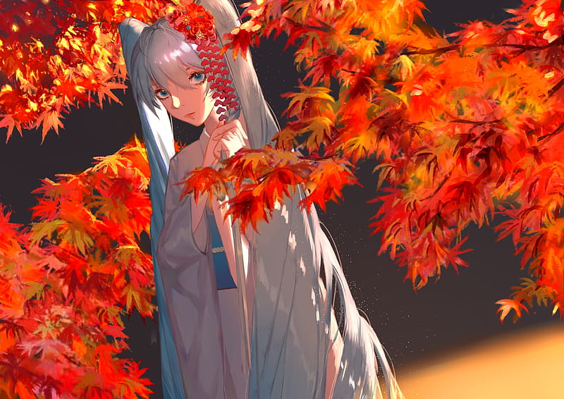 hatsune miku, autumn, vocaloid, twintails, kimono, fall, blue hair, Anime, HD wallpaper