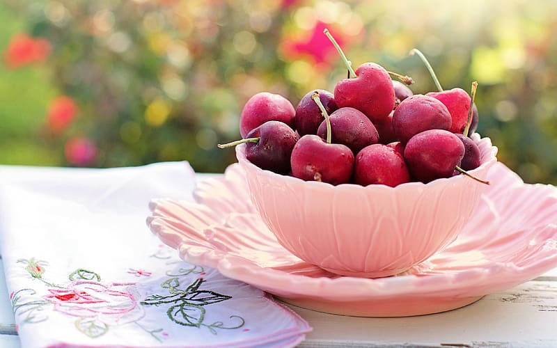 Cherries, summer, pink, cherry, dessert, fruit, bowl, food, vara, sweet, HD wallpaper