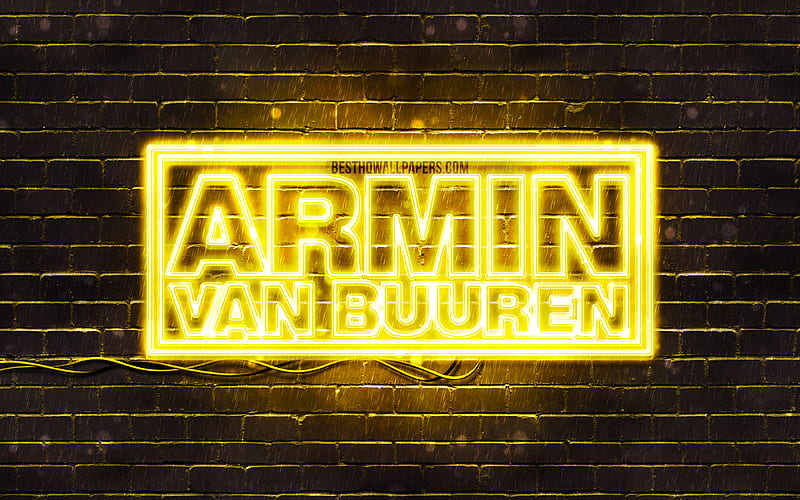 Armin van Buuren yellow logo superstars, dutch DJs, yellow brickwall, Armin van Buuren logo, music stars, Armin van Buuren neon logo, Armin van Buuren, HD wallpaper