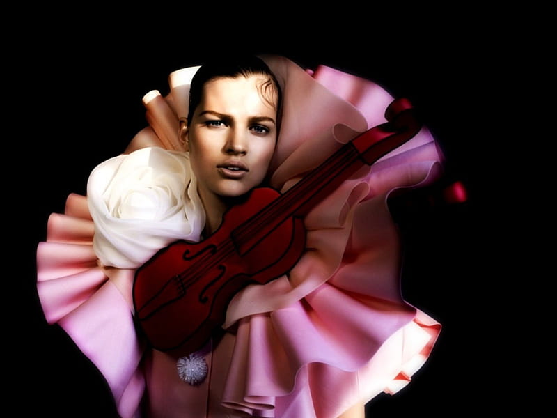 Bette Franke, violin, girl, model, black, white, woman, pink, HD wallpaper