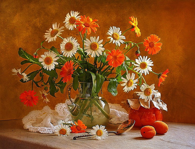 still life, red, pretty, orange, fruits, poppies, lace, bonito, fruit, graphy, nice, apricot, jug, flowers, beauty, marigold, harmony lovely, delicate, daisies, water, jam, cool, bouquet, flower, daisy, field, HD wallpaper
