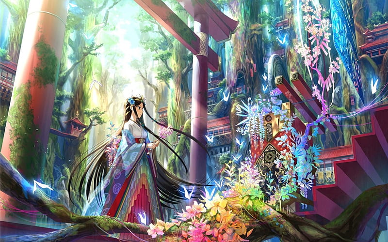 Trees and lianas, colorful, art, lovely, cute, big eye, nice, girl, bright colors, anime, flowers, beauty, long hair, HD wallpaper