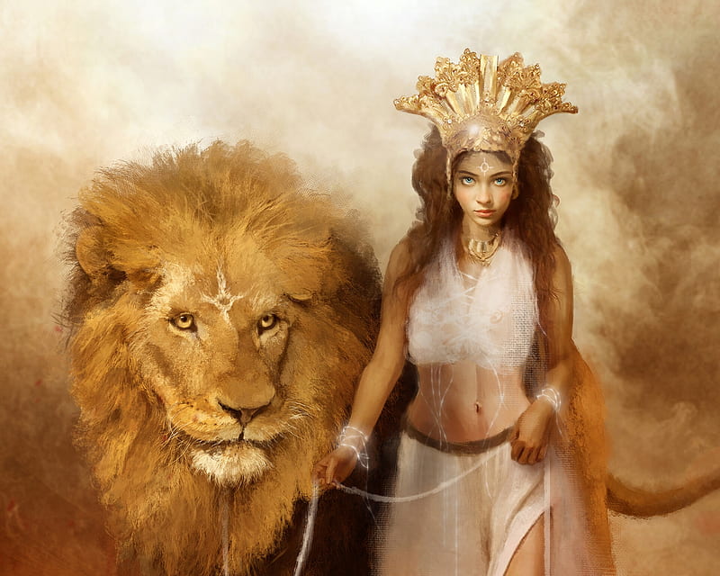 Desert Queen, frumusete, desert, beauty and the beast, luminos, orange, brown, xavier beaudlet, leu, queen, superb, animal, lion, fantasy, girl, gorgeous, HD wallpaper